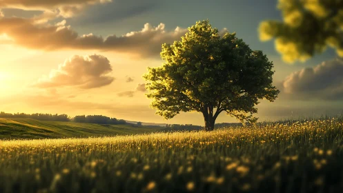 Solitary deciduous tree in sunlit meadow under golden sky