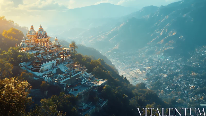 Hilltop temple complex overlooks dense valley city below