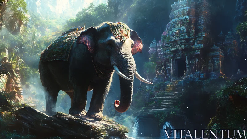 Majestic elephant pauses by an ancient jungle temple gate
