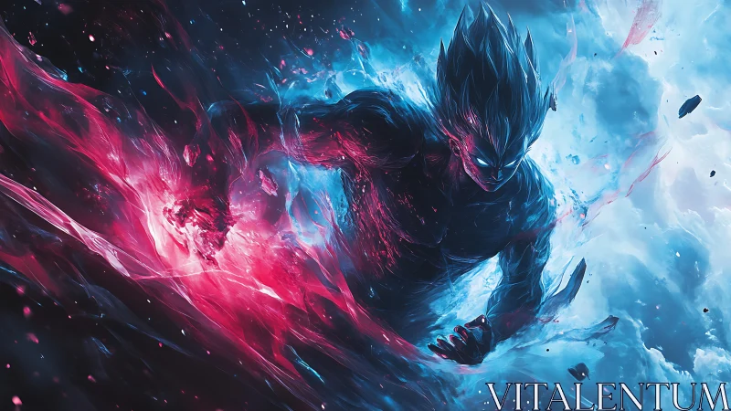 Energy-charged humanoid figure in red and blue abstract field.