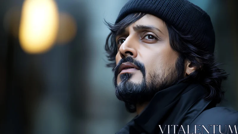 Moody close-up portrait of bearded man in knit beanie outdoors