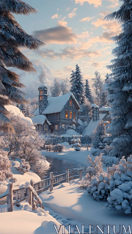 Snow covered cabin by river at winter sunset in forest.