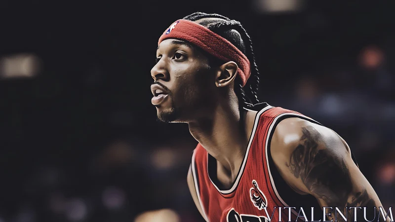 Focused basketball player in red jersey ready for action.