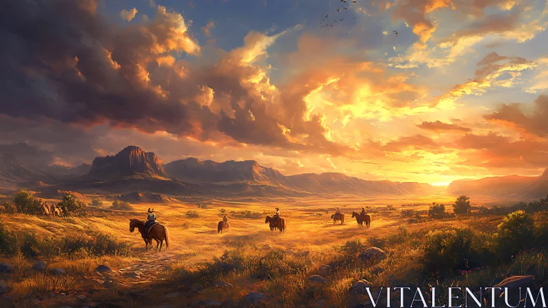 Sunlit riders traverse expansive western plains under dynamic clouds