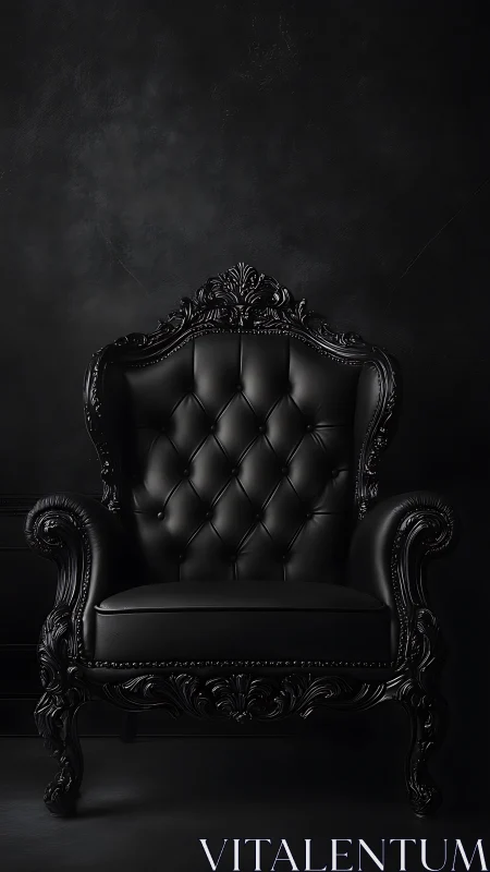 Ornate black leather armchair against dark textured wall.