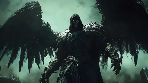 Dark armored winged figure stands in eerie green mist