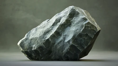 Large angular rock on plain surface under soft lighting.