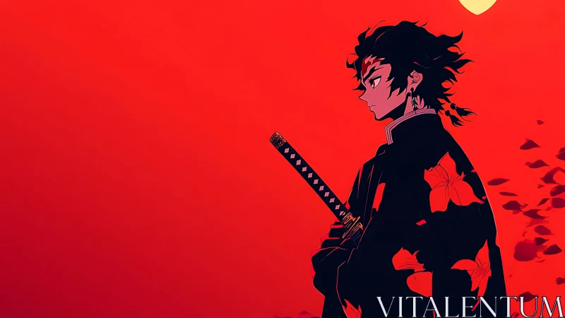 Samurai swordsman stands against vivid red sunset sky