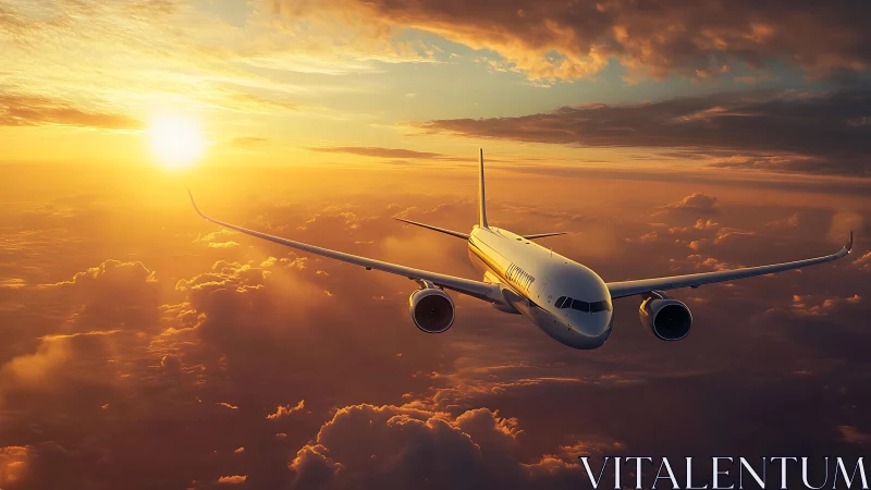 Jetliner glides through molten sunset clouds in quiet ascent