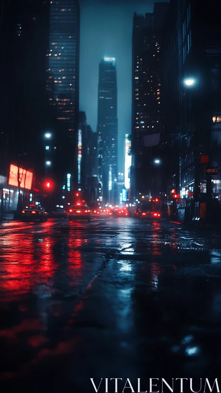 Rain-soaked city avenue glowing with neon night reflections.