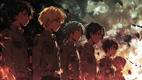 Parametric lineup of cadet silhouettes in incendiary dusk field.