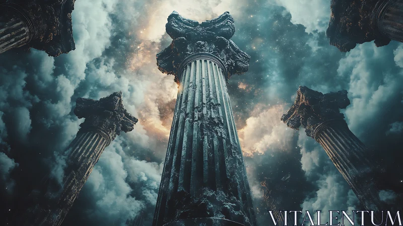 Ancient stone columns rise into stormy cosmic sky.