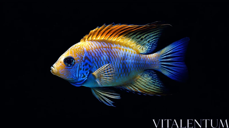 Side profile of multicolored tropical fish on black field.