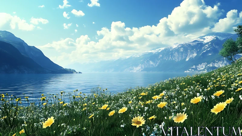 Alpine lake shoreline framed by wildflower meadow in clear light