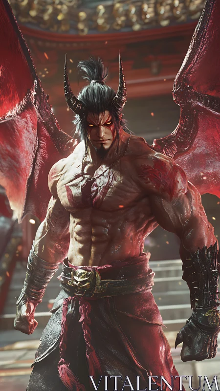 Hyper-real demonic warrior with muscular anatomy and emissive wings