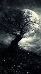 Bare twisted tree before full moon in monochrome night sky.