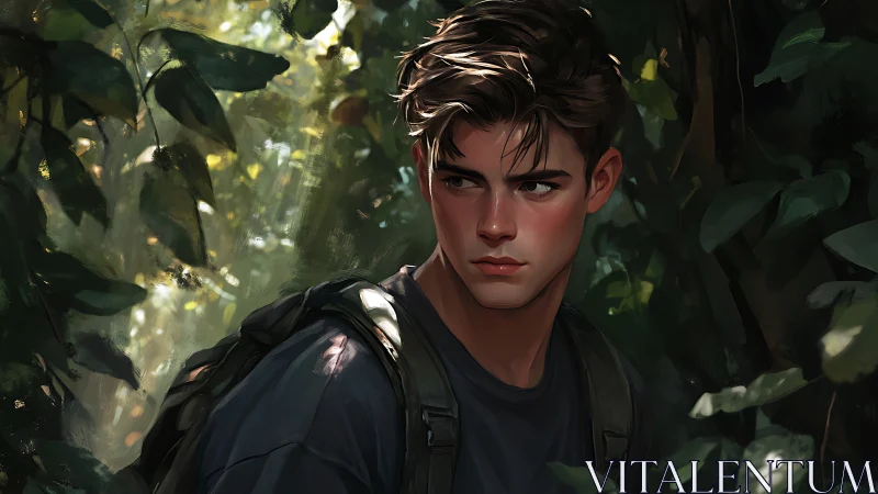 Young man in dense forest with backpack, soft light mood.