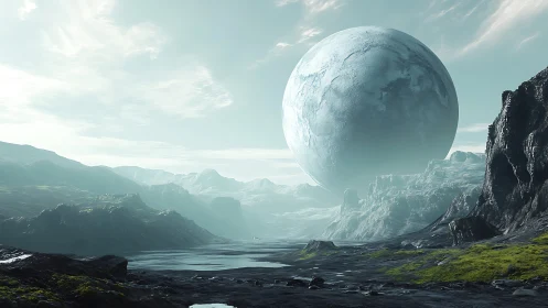 Frozen planet dominates misty alien valley landscape scene