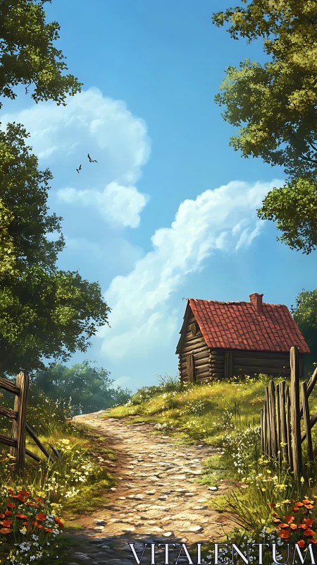 Sunny hillside path to a storybook red-roof cabin retreat.