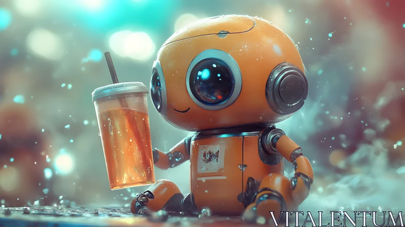 Cute orange robot enjoys a sparkling drink in neon mist