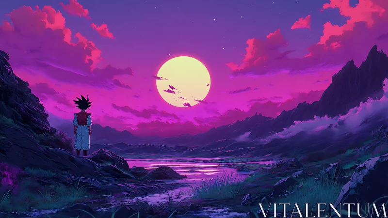 Lone star-child studies a colossal neon moonrise in silence