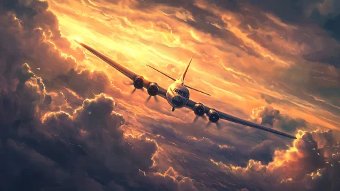 Vintage airliner cuts through stormlit sunset clouds