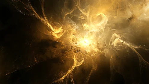 Golden cosmic energy burst over dark abstract void.