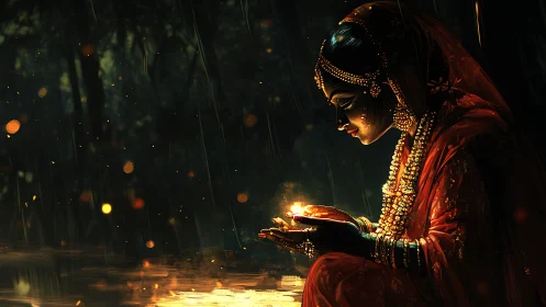 Side-lit woman cradling diya lamp in dark forest with bokeh sparks