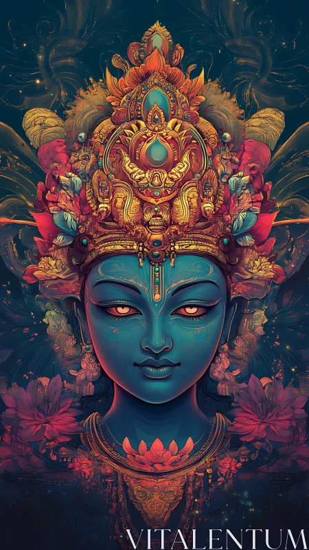 Ornate blue deity portrait with vivid lotus and gold crown
