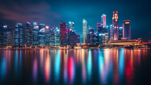 Neon-illuminated waterfront skyline with long-exposure reflections