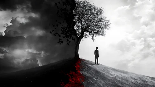 Monochrome hillside silhouette dividing storm and light sky