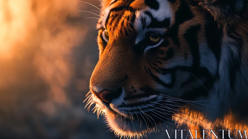 Tiger portrait in golden backlight with dramatic shallow focus.