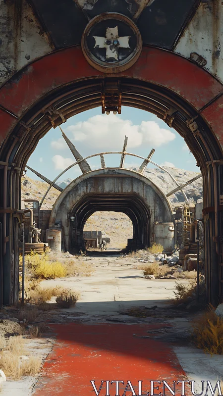 Metal archways frame a linear view through a desert facility