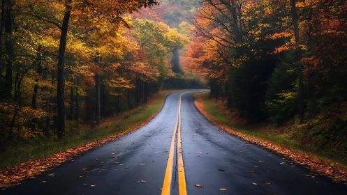 Wet asphalt road curves through dense autumn forest