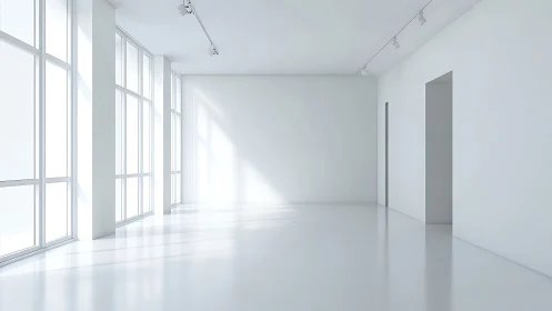 Sunlit minimal gallery interior with expansive glass walls.