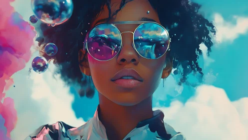 Reflective portrait integrates clouds, bubbles and chromatic lenses