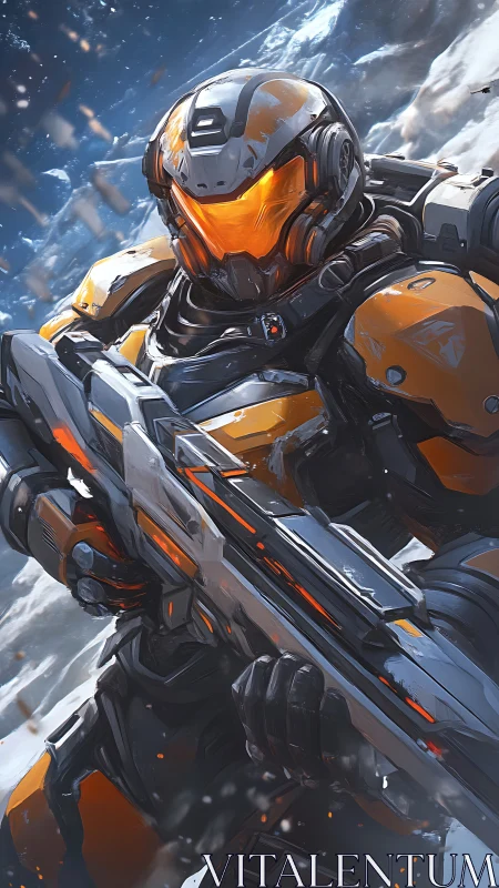 Armored exosuit marksman with orange visor in icy firefight