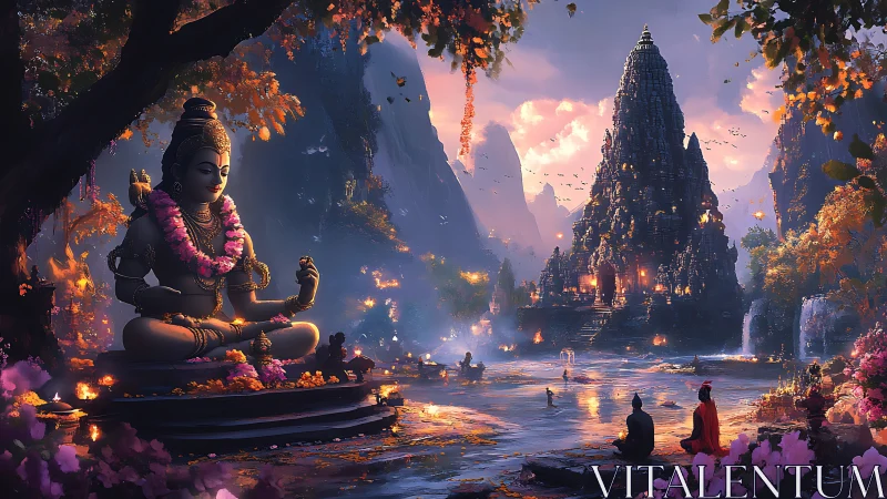 Luminescent river shrine with colossal meditative deity at dusk.