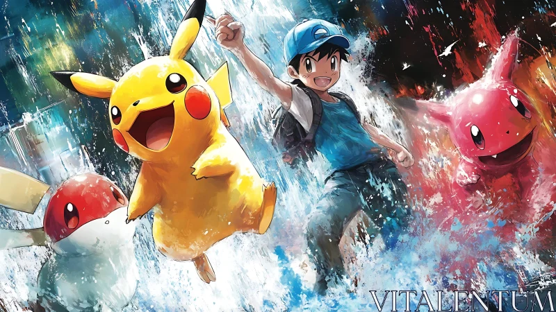 Energetic trainer with Pikachu and two colorful creatures.