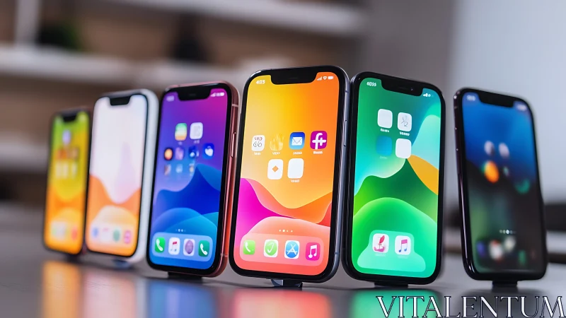 Photorealistic lineup of colorful smartphones in shallow focus.