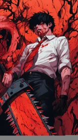 Blood-soaked suited fighter lies with chainsaw amid visceral mass