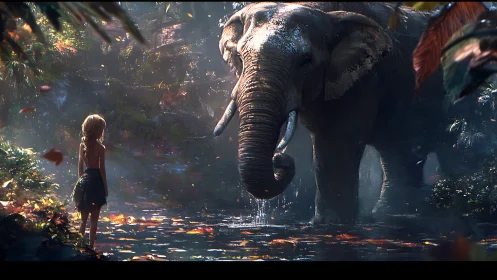 Girl facing elephant in luminous jungle pool tableau.