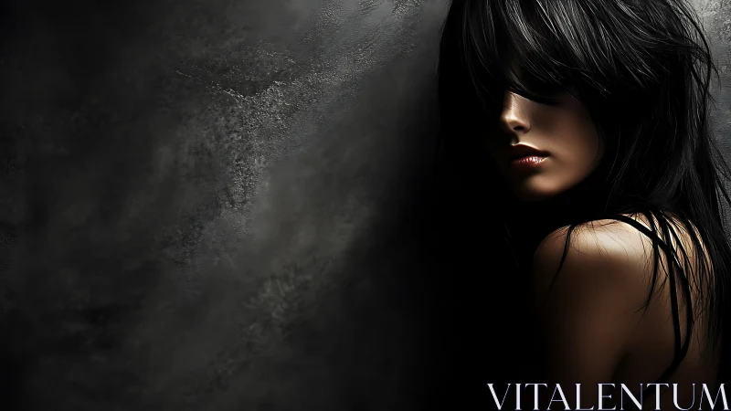 Oblique portrait of shadowed woman against textured wall.