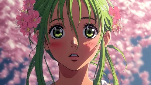 Green haired anime girl under pink blossom background.