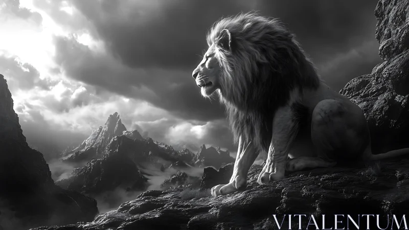 Monochrome lion overlooking dramatic mountain range.