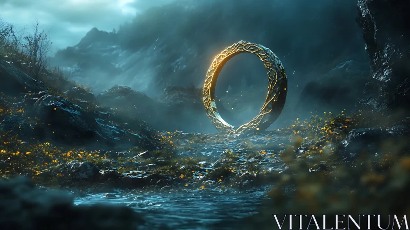 Golden portal ring glows softly in a misty mountain pass
