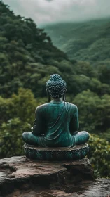 Bronze Buddha statue overlooks misty emerald valley. Period.