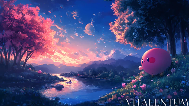 Gentle pink creature enjoys a dreamy riverside sunset view