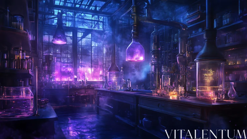 Glowing arcane laboratory bathed in dreamy violet light.
