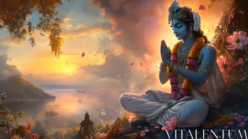 Divine blue figure in floral garlands beside radiant lakeside sunset.